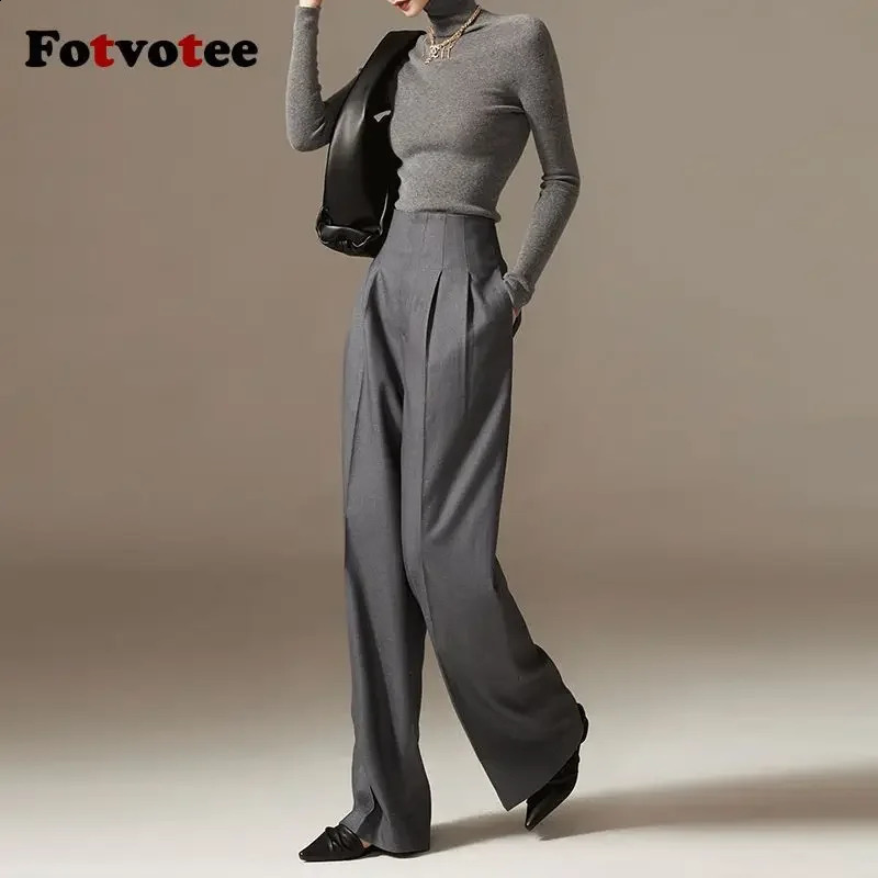FOTVOTEE Womens High Waist Pants Black Folded Fashion Casual Solid Wide Leg Straight 240914