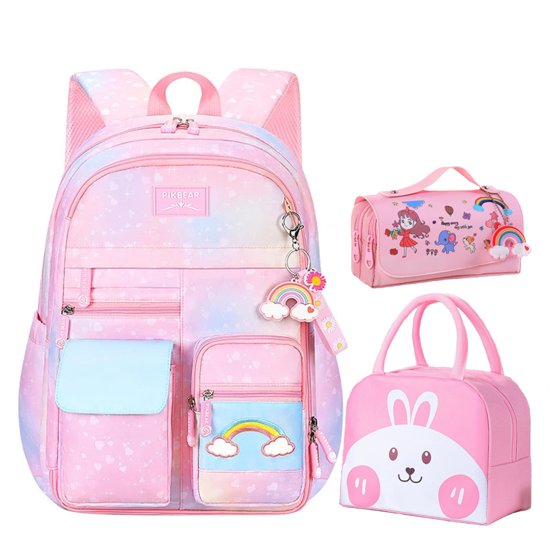 Kawaii Elementary Student Backpack Starry Rainbow Bookbag Large Capacity Schoolbag Set Multifunction School Bags for Children