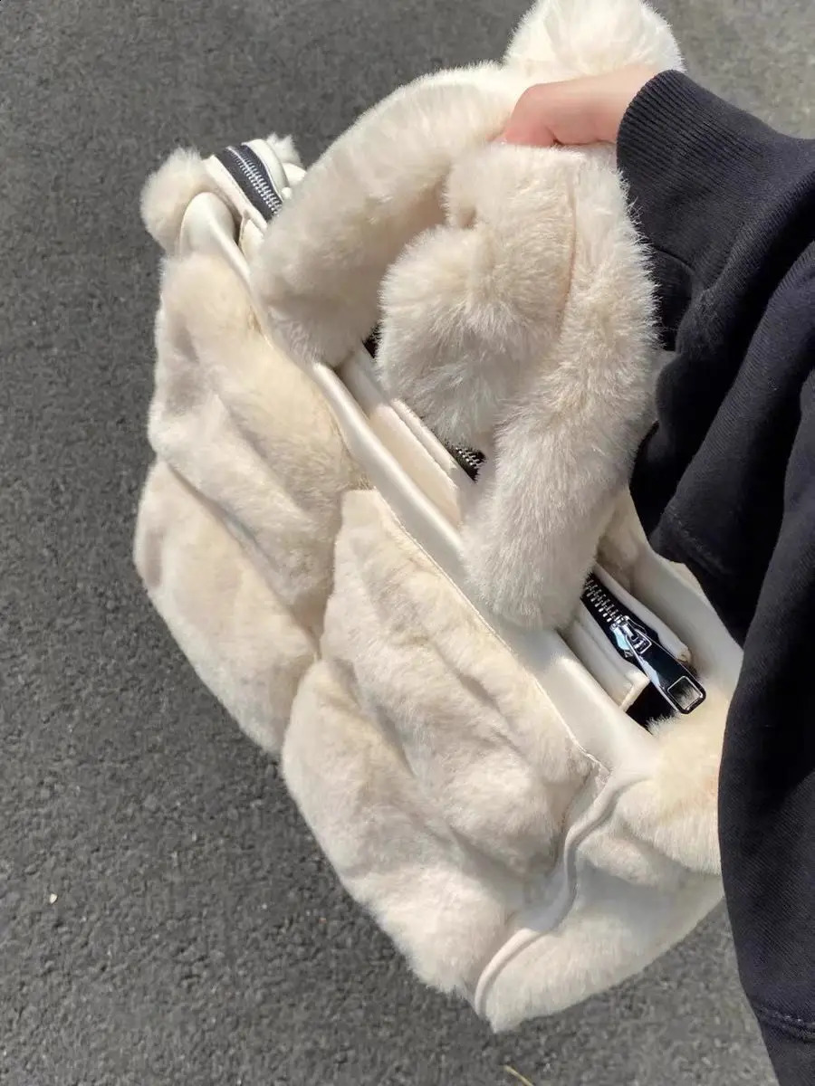 JIAERDI Harajuku White Shoulder Bags Handbag Women Vintage Plush Soft Large Capacity Tote Bag Female Retro Handbag Aesthetic 240909