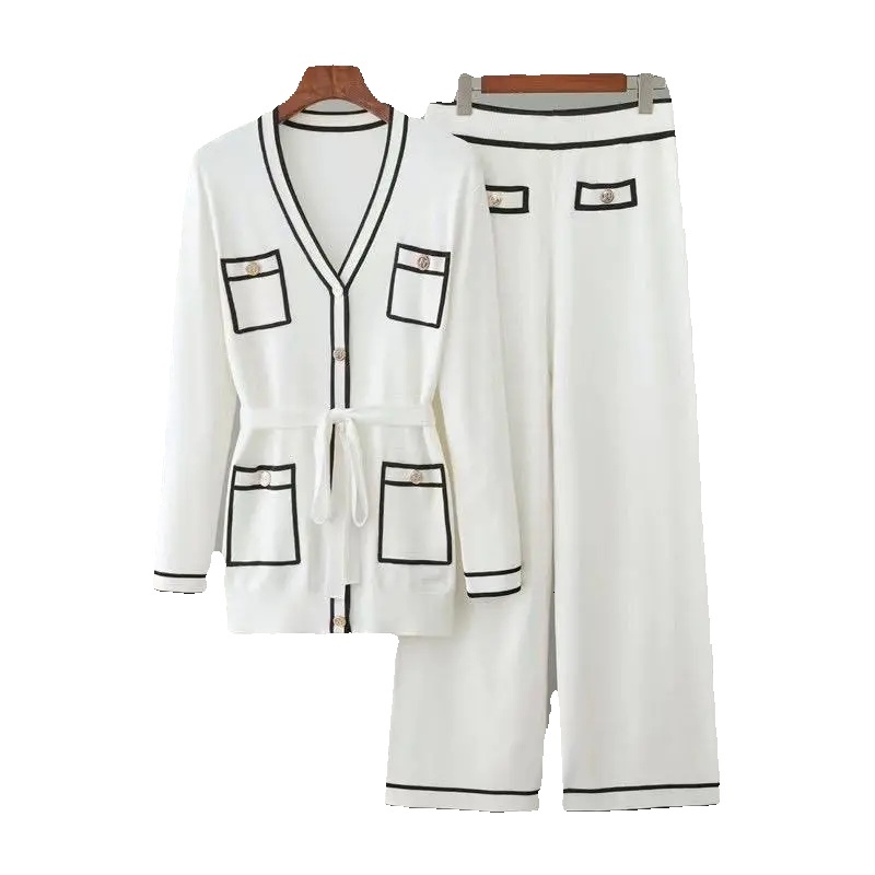Spring Autumn Long-Sleeved Knitted Suit Womenv-Neck Cardigan Coat +Wide-Leg Pants Two-Piece Sets Fashion Pocket Top+Trousers