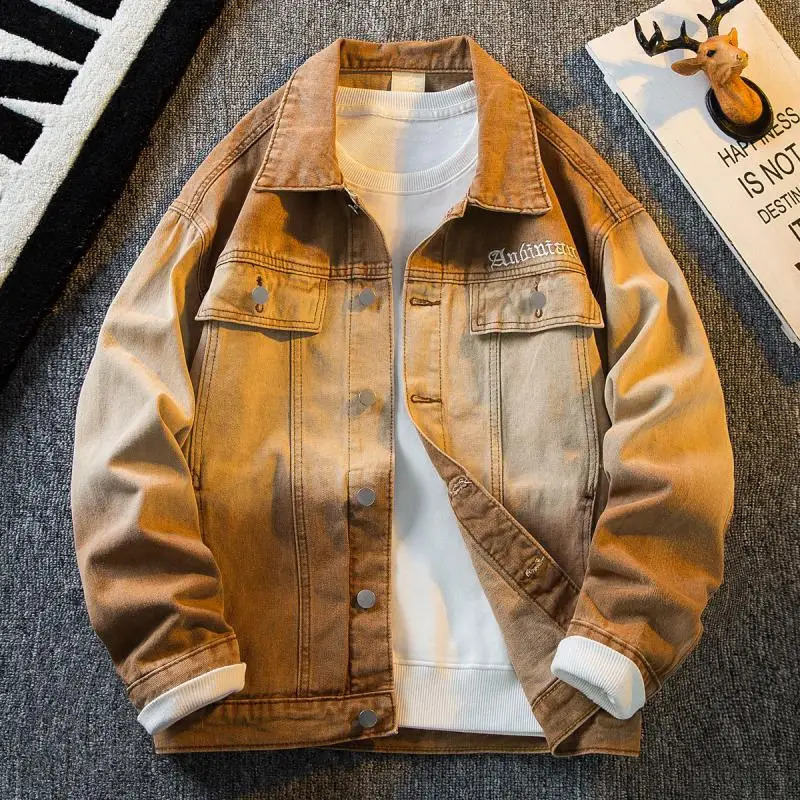 Mens American high street gradient denim jacket mens spring and autumn cool style handsome and casual jacket korean fashion 240911