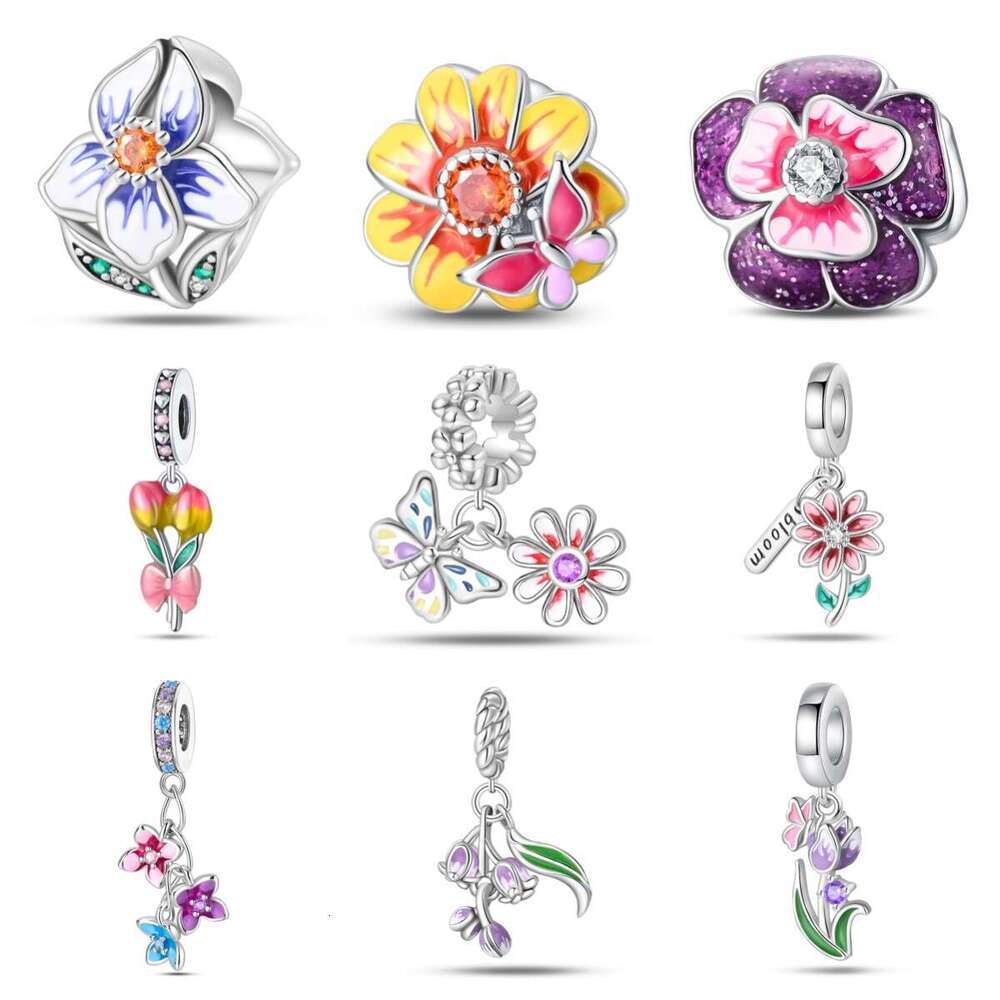 New 925 Sterling Silver Charm Romantic Colorful Small Flower Pendant Fit Charms Silver 925 Original Bracelet DIY Jewelry Making For women Gifts