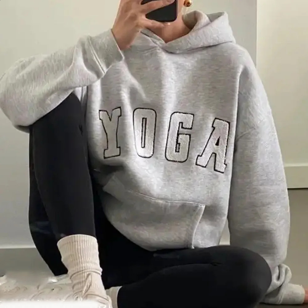 Fashion Casual Grey Embroidered Yoga Letter Solid Color Printed Loose Sports Hoodie Womens Shirt 240929