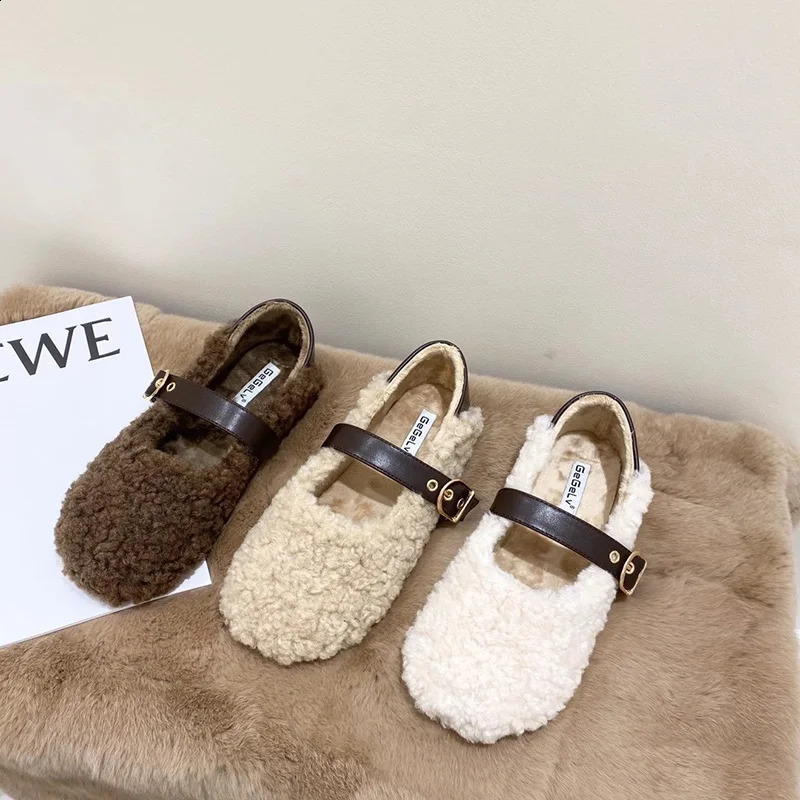 er Retro Womens Fur Flat Shoes Fashion Shallow Belt Buckle Shoes Spring and Autumn Elegant Womens Warm Shoes 240914