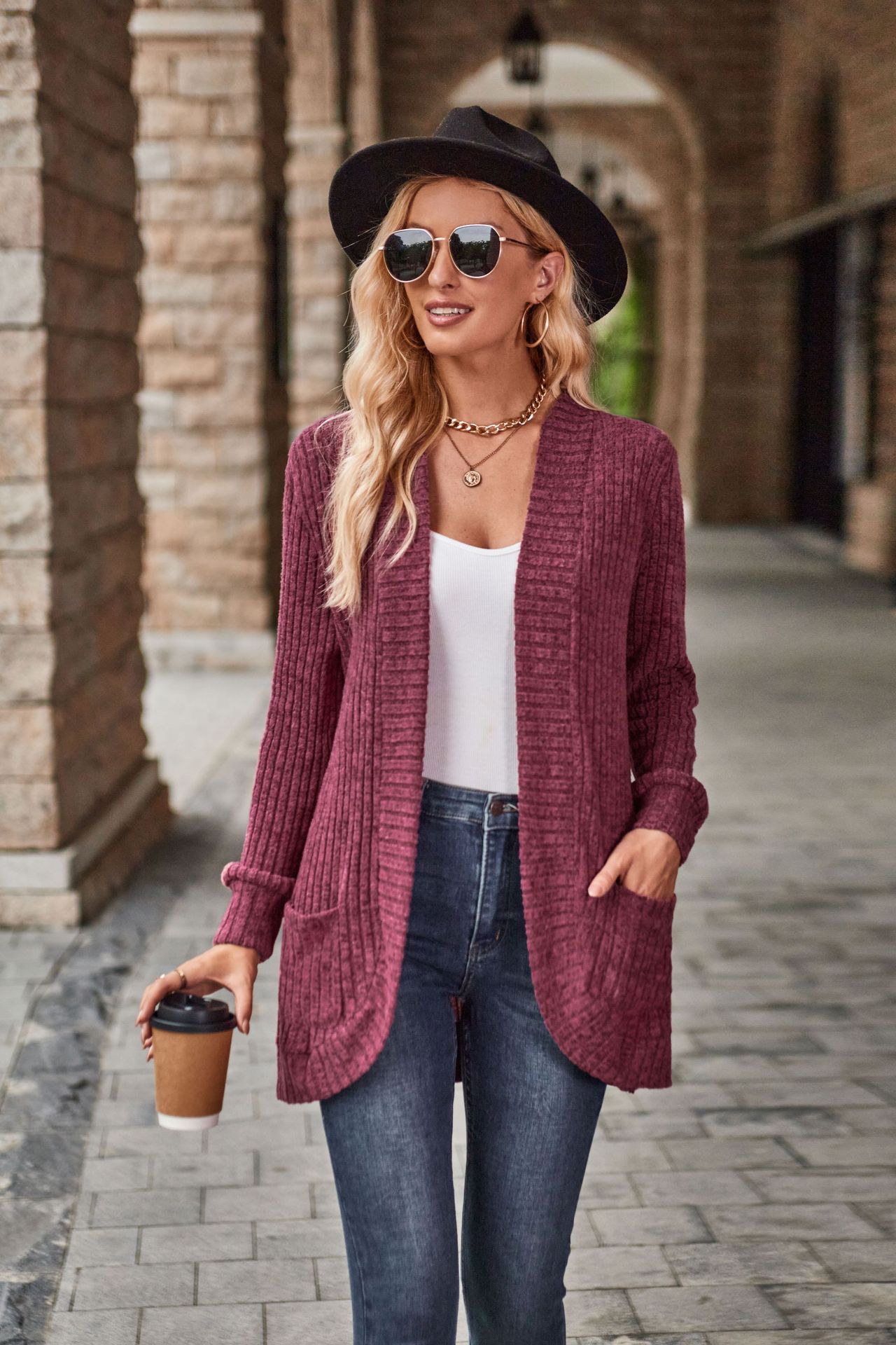 2024 Autumn New Product Solid Color Pit Strips Matted Women's Casual Splicing Long Sleeve Cardigan Coat