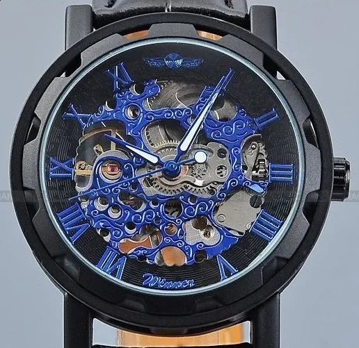 Winner Men Watches Black Leather Band Stainless Steel Skeleton Watch for Man Gold Mechanical Wrist Watches AA 240906