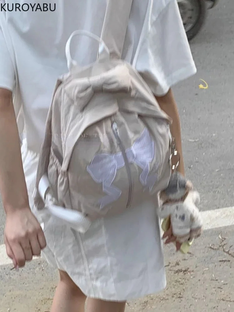 Fashion Korean style bow backpack womens casual Y2k school bag silver shoulder bag canvas shoulder bag Mochilas Mujer 240912