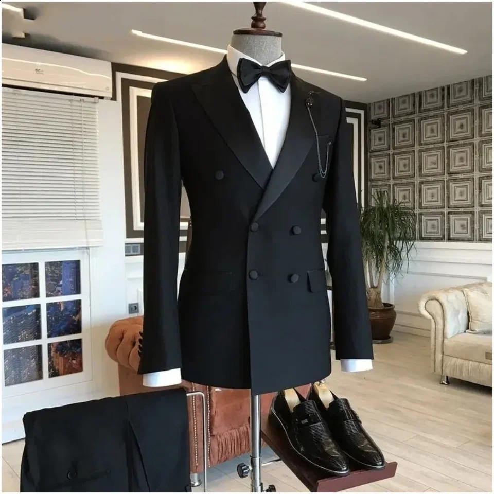 2 Pieces JacketPants Black Suits for Men Peaked Lapel Double Breasted Bespoke Blazer Wedding Groom Tuxedos Prom Costume Homme