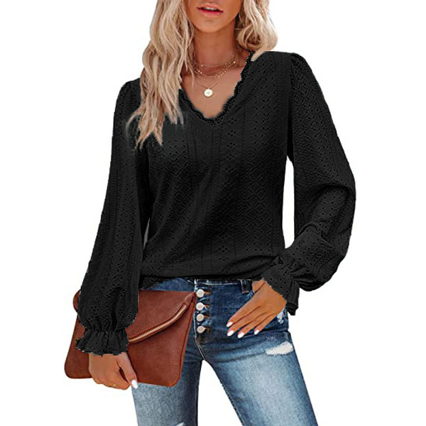 2024 new women's V-neck T-shirt autumn hollow out casual pleated sleeve top shirt