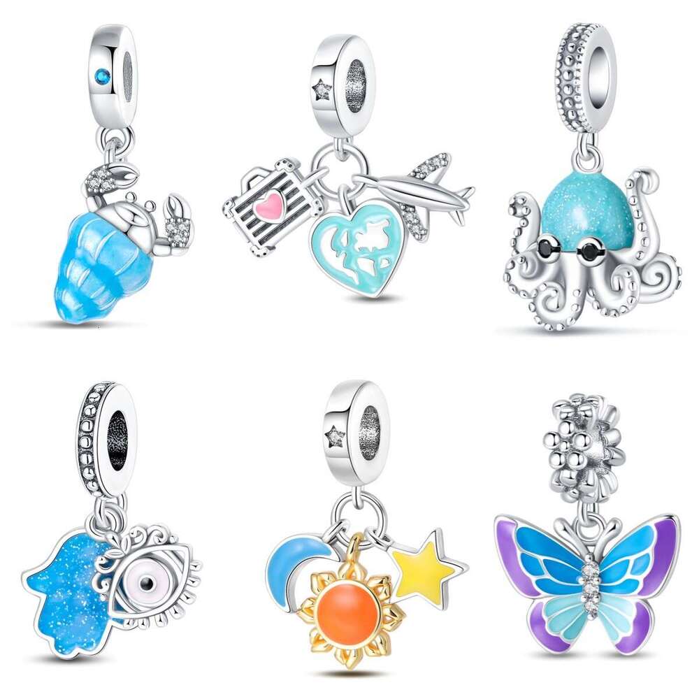 New 925 Sterling Silver Charm Luminous Colorful Butterfly Airplane Earth Octopus Crab Pendant Fit Charms Silver 925 Original Bracelet DIY Jewelry Maki
