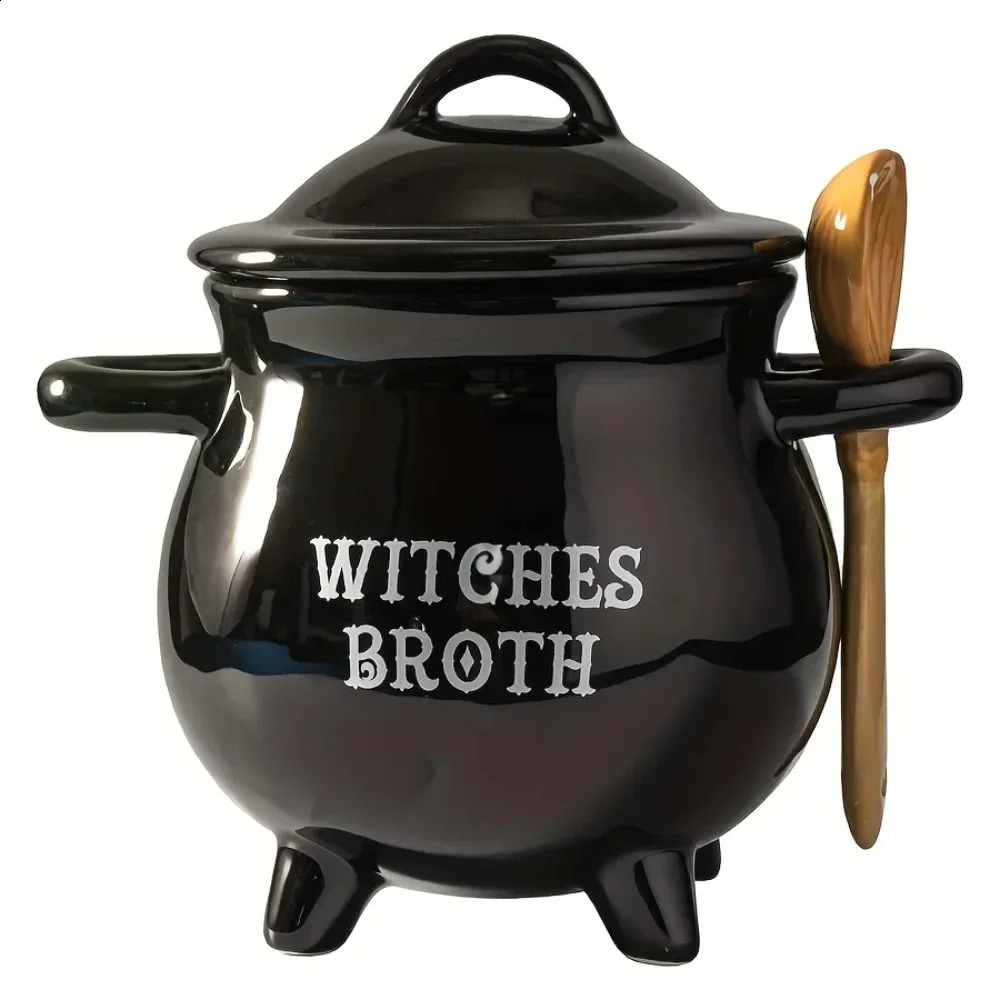 1set 22OZ Witches Brew Cauldron Mug with Lid and Spoon Black Ceramic Coffee Cups Stockpot Tabletop Decoration for Halloween Gift 240910