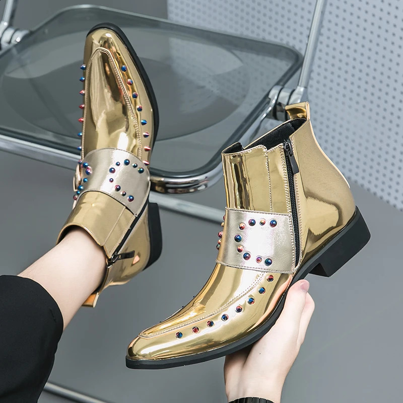 mens Pointed Gold Black rivets Chelsea Ankle Boots Monk Strap British er Botas trend casual high-end punk rock shoes 240914