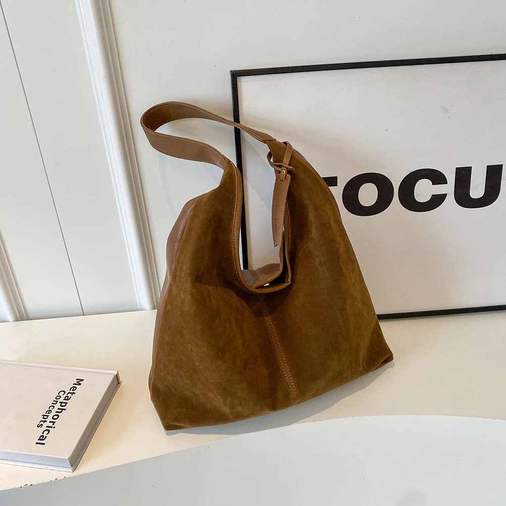 Women Suede Shoulder Slouchy Tote Bag Magnetic Closure Retro Handbag Large Capacity Purse for Work Travel 240913