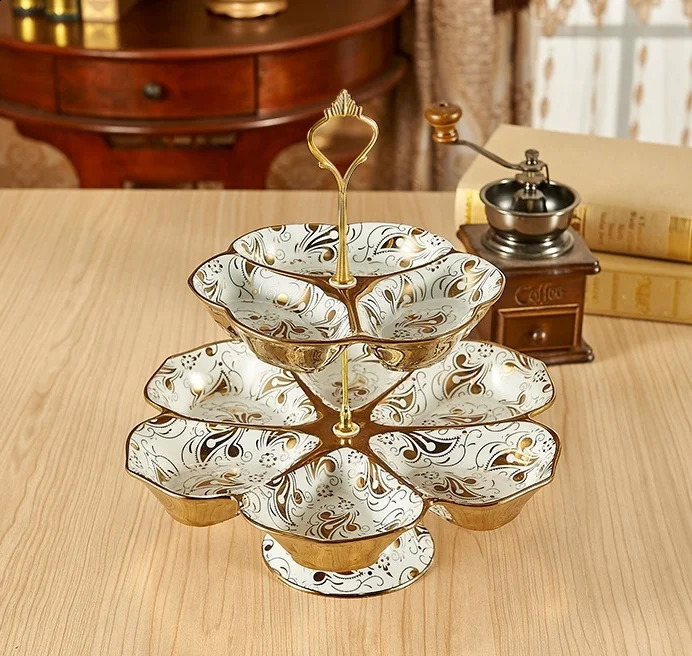 Ceramic double-layer fruit Epergne board decorative ceramic inlaid tableware 240911