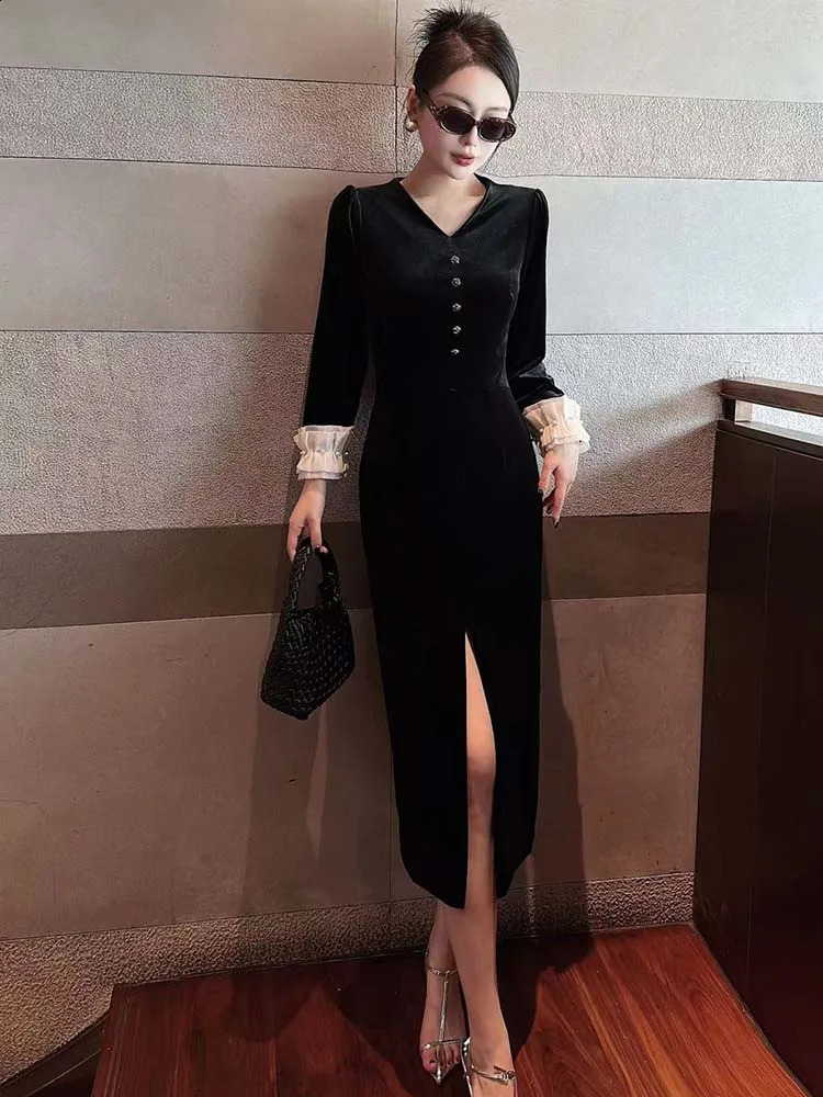 ZJYT Autumn Fashion Retro Midi Velvet Womens Wear ner Long Sleeve Vneck Party Formal Occasion Dress Vestidos 240913