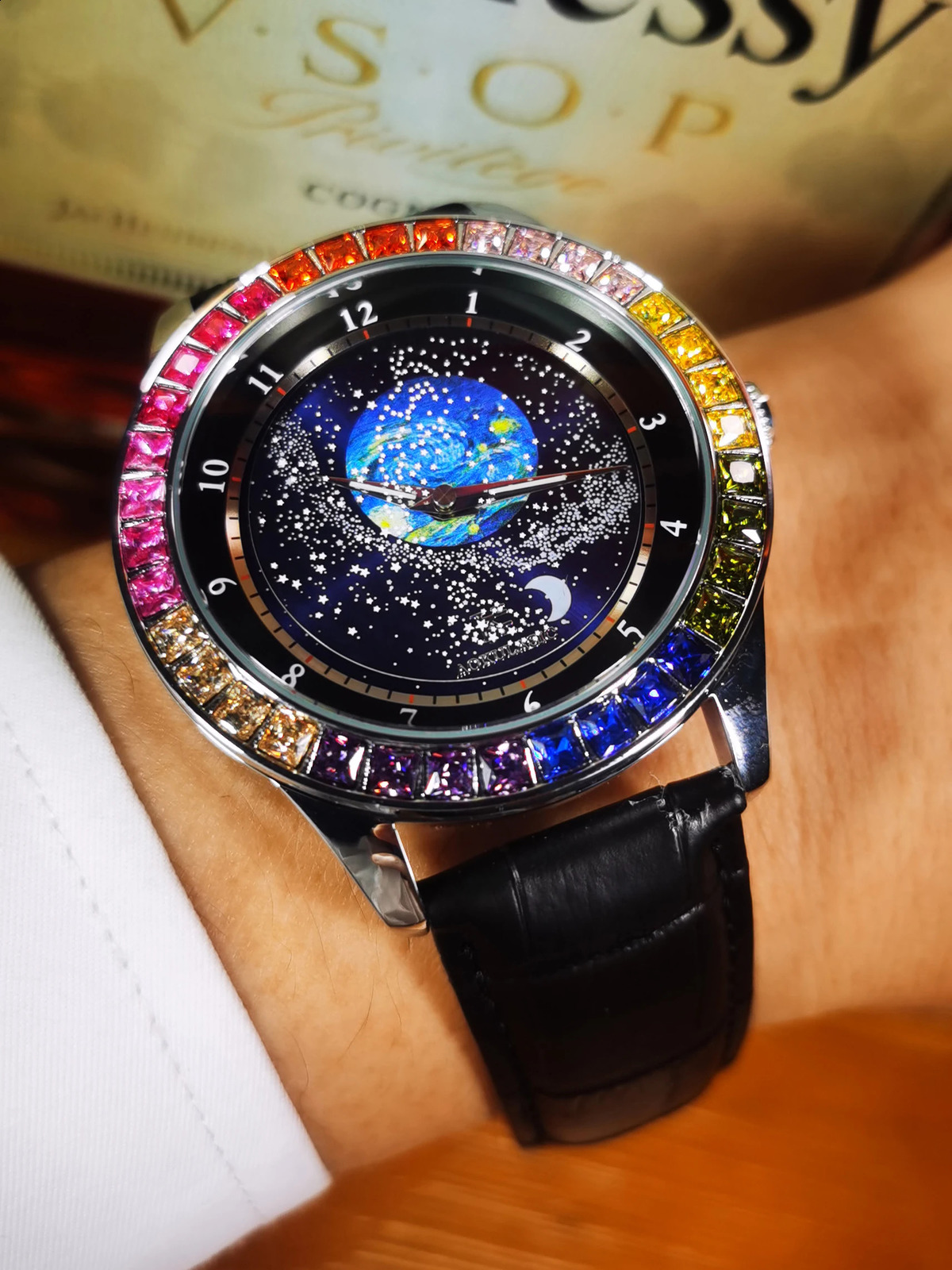 Mechanical Watch for Men Rotating Star Dial Fashion Rainbow Case Automatic Watches Genuine Leather Strap Wristwatch 240906