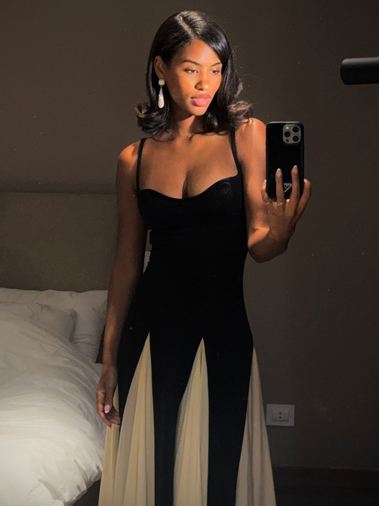 Tossy Summer Backless Contrast Halter Dresses For Women Slim Fashion Elegant Party Women's Spaghetti Long Dress New