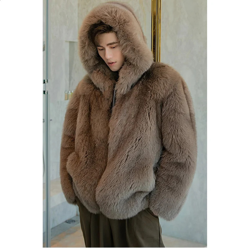 Fur coat mens fox fur short jacket autumn/winter warm wool coat mens leather hooded casual jacket 240913