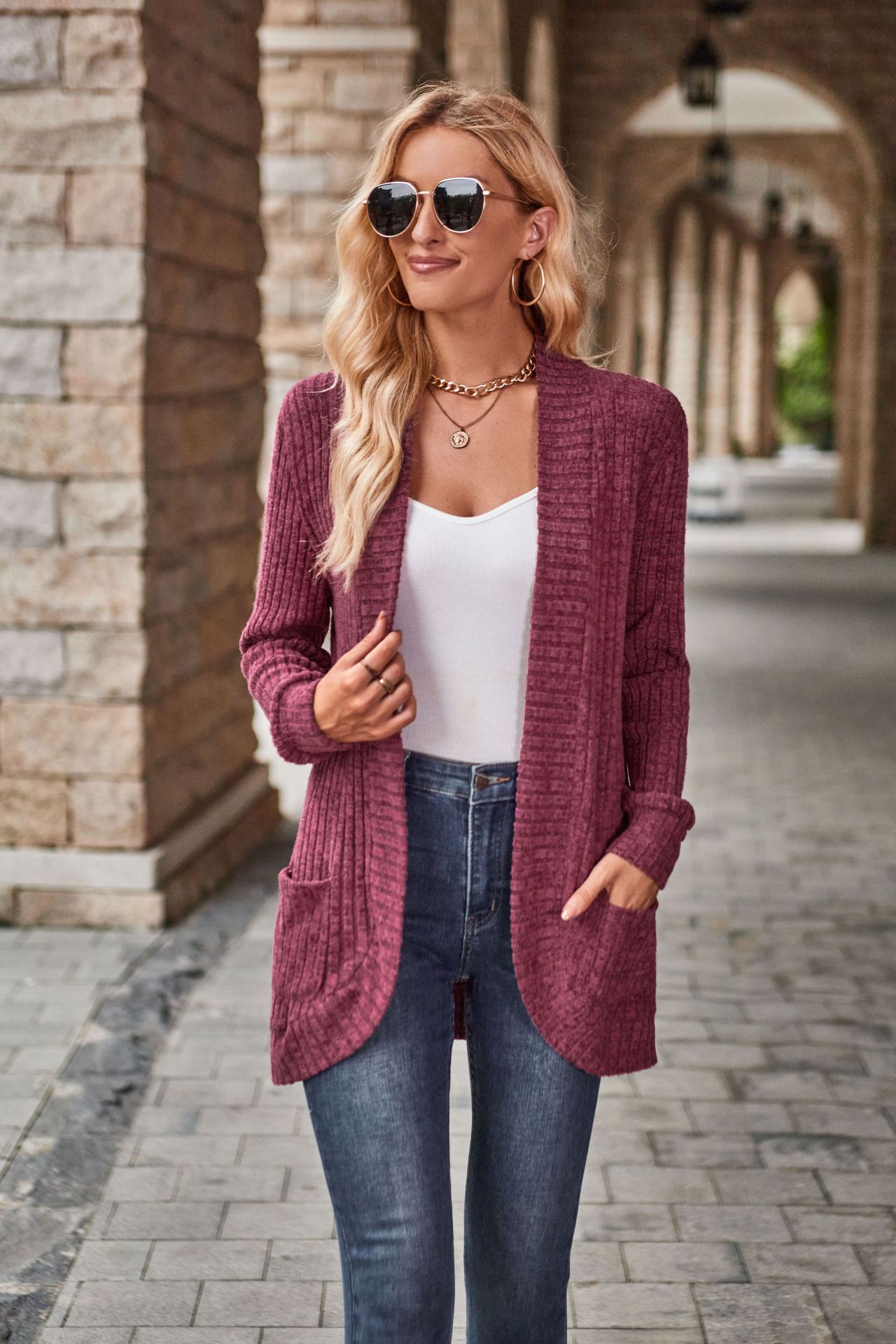 2024 Autumn New Product Solid Color Pit Strips Matted Women's Casual Splicing Long Sleeve Cardigan Coat
