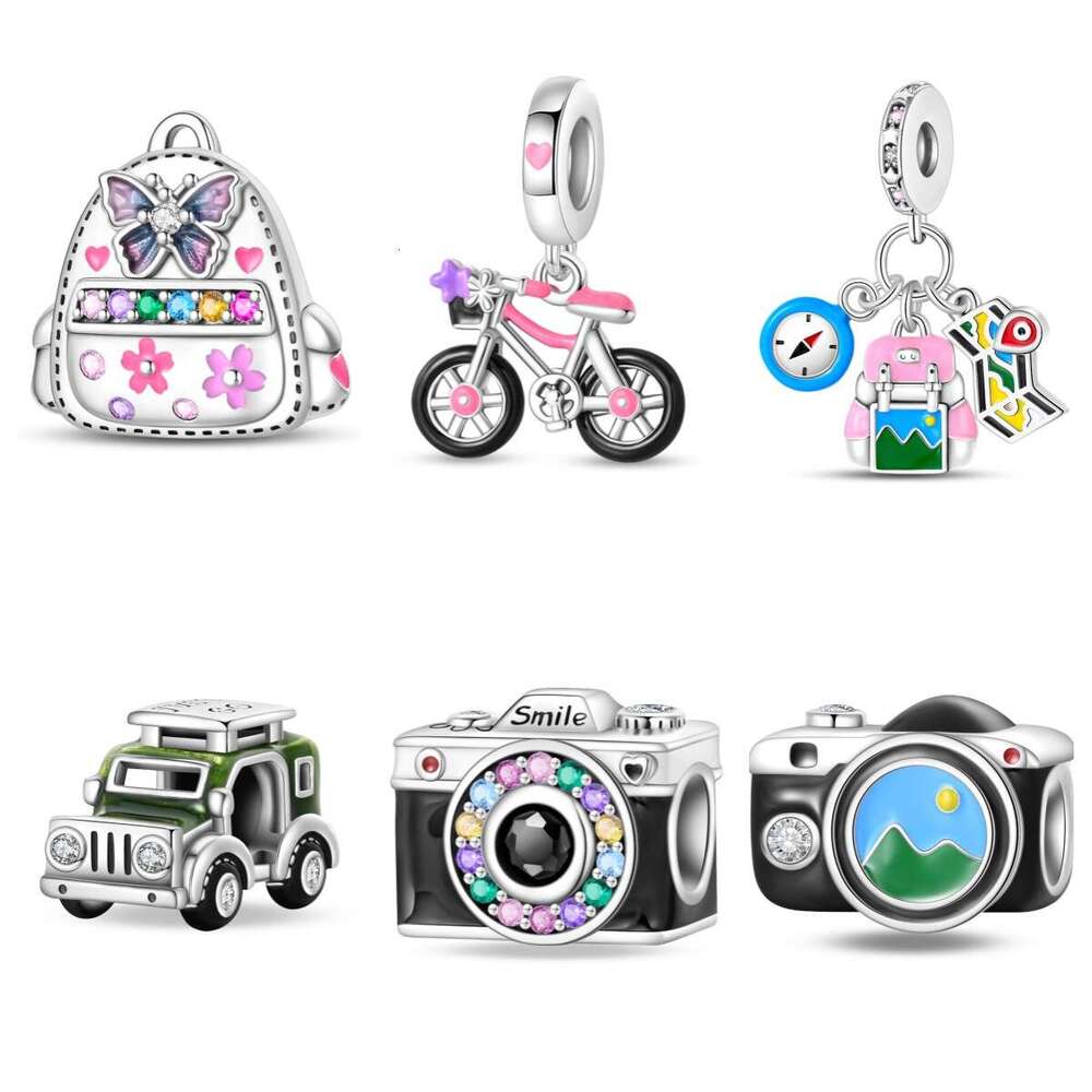 New 925 Sterling Silver Charm Rotating bicycle pendant Color Diamond Camera Beads Fit Charms Silver 925 Original Bracelet DIY Jewelry Making For women