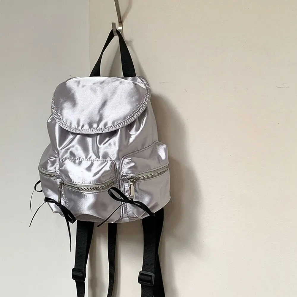 Korean drawstring backpack pre made pearl gloss nylon backpack solid color large capacity ribbon shoulder bag 240912