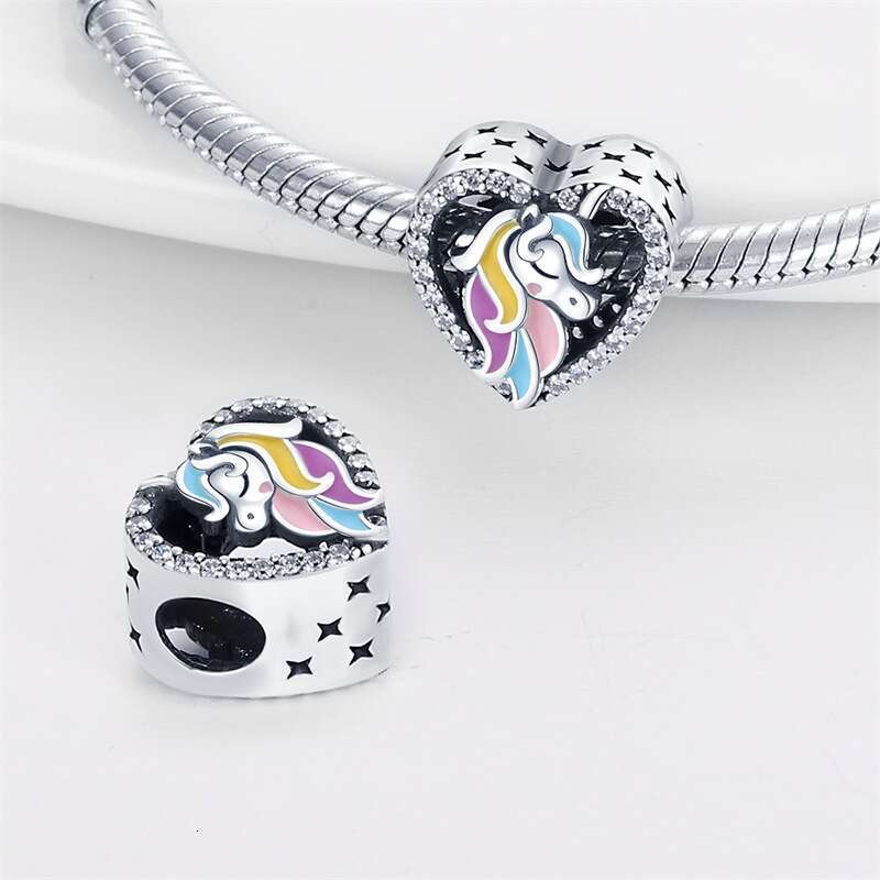 New 925 Sterling Silver Charm Rainbow Seven Color Heart shaped Pony Pendant Fit Charms Silver 925 Original Bracelet DIY Jewelry Making For women Gifts