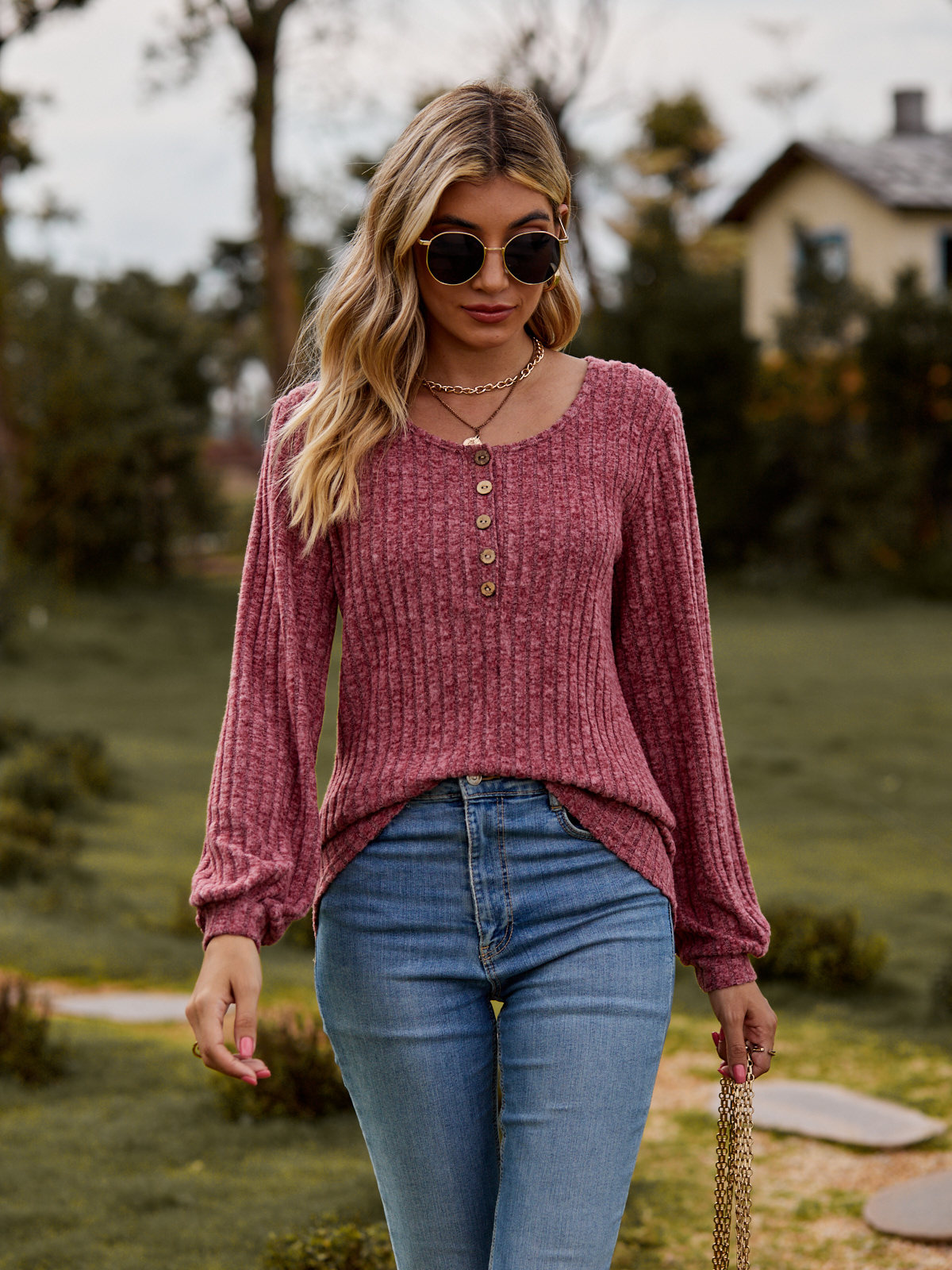 2024 new women's round neck pit stripe brushed solid color casual button splicing long sleeved T-shirt top sweater