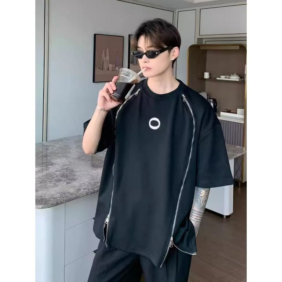 American retro heavy designer T-shirt men's summer niche design sense double zipper shoulder pad T-shirt with five sleeves