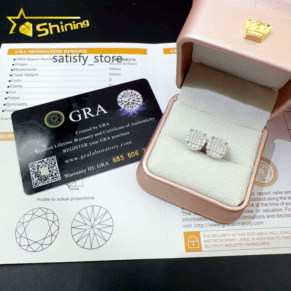 Iced Out Hip Hop Earrings Round Shape Vvs Moissanite Stud Earrings 925 Sterling Silver Men and Women