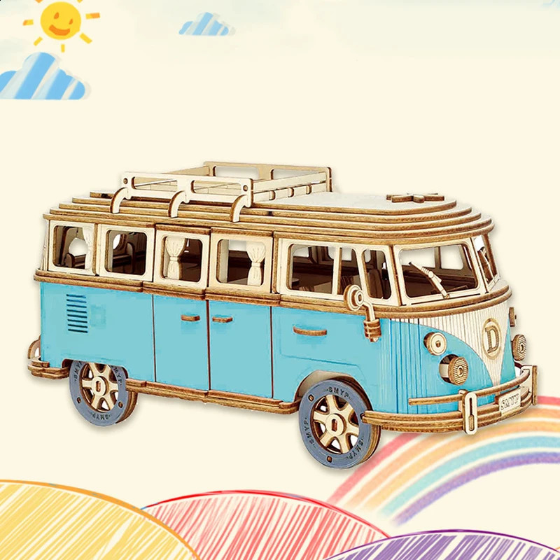 3D wooden puzzle retro bus European style camping car assembly model DIY hands-on ability childrens cultural toys 240913