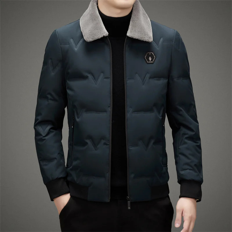 Casual Autumn Winter Mens Lightweigt Fur Collar Duck Down Jackets Business Slim Top Puffer Coats Outwear Warm Down Clothes 240913