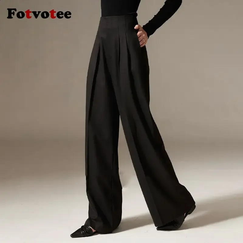 FOTVOTEE Womens High Waist Pants Black Folded Fashion Casual Solid Wide Leg Straight 240914