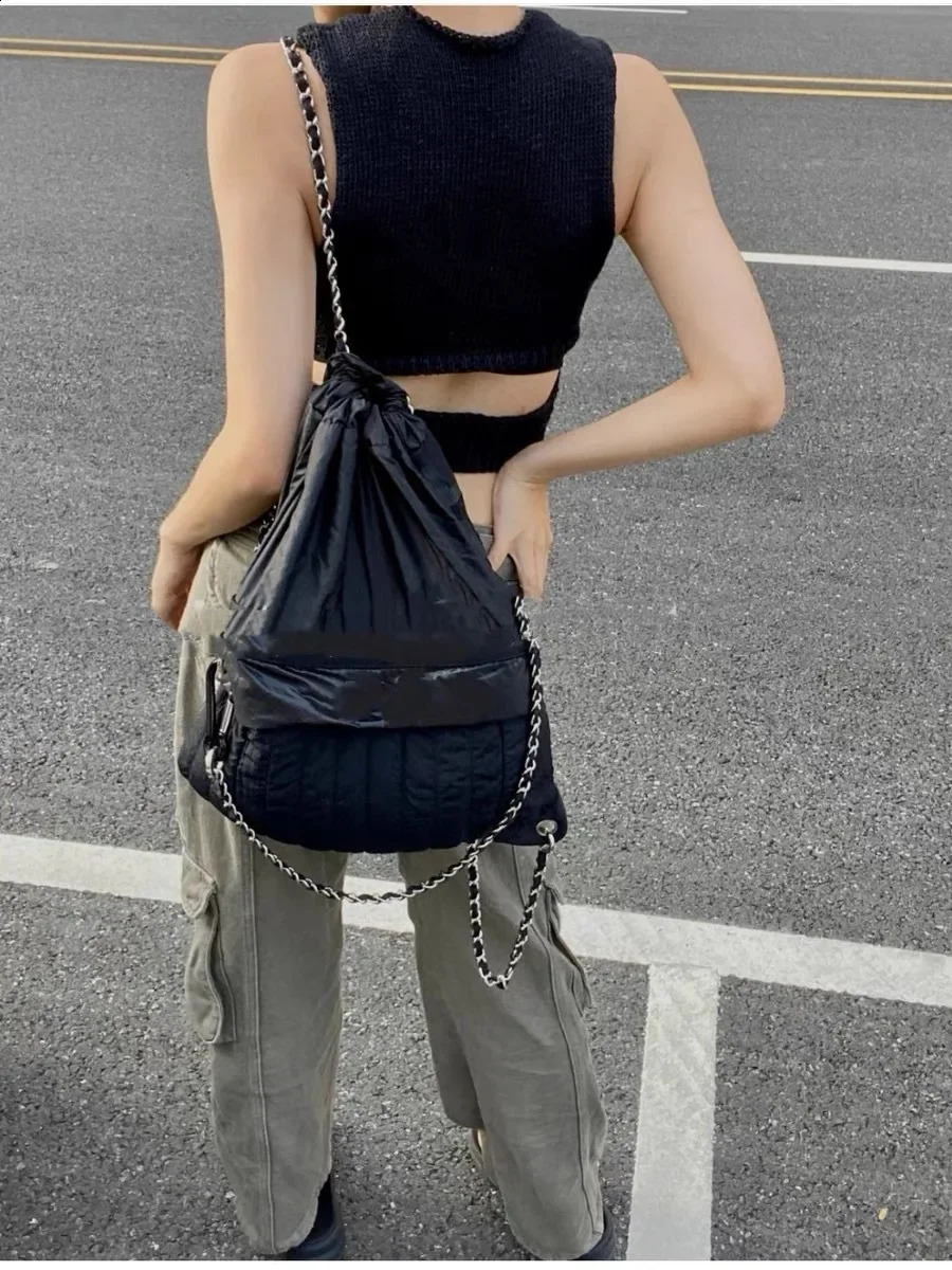 Womens backpack nylon black solid color fashion chain portable fully matched casual Japanese and Korean style retro 240912