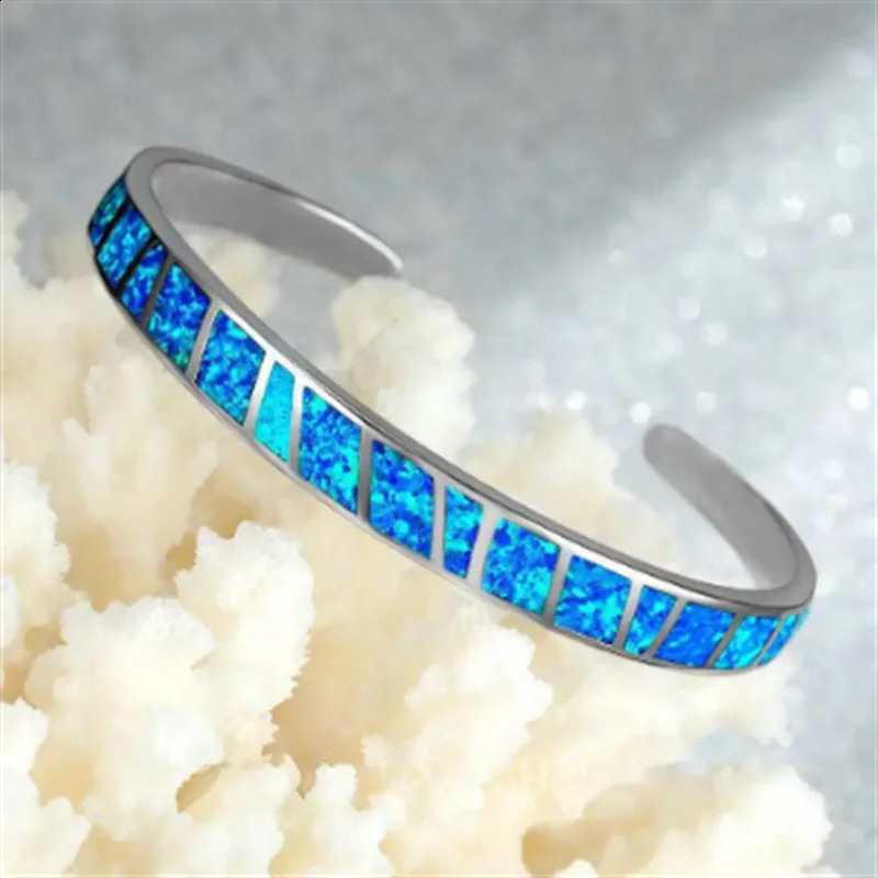 Blue Fire Opal Stone Open Bangles Silver Plated Adjustable Minimalist Bracelets Jewelry Gifts For Girl Women Custom Jewelry 240910