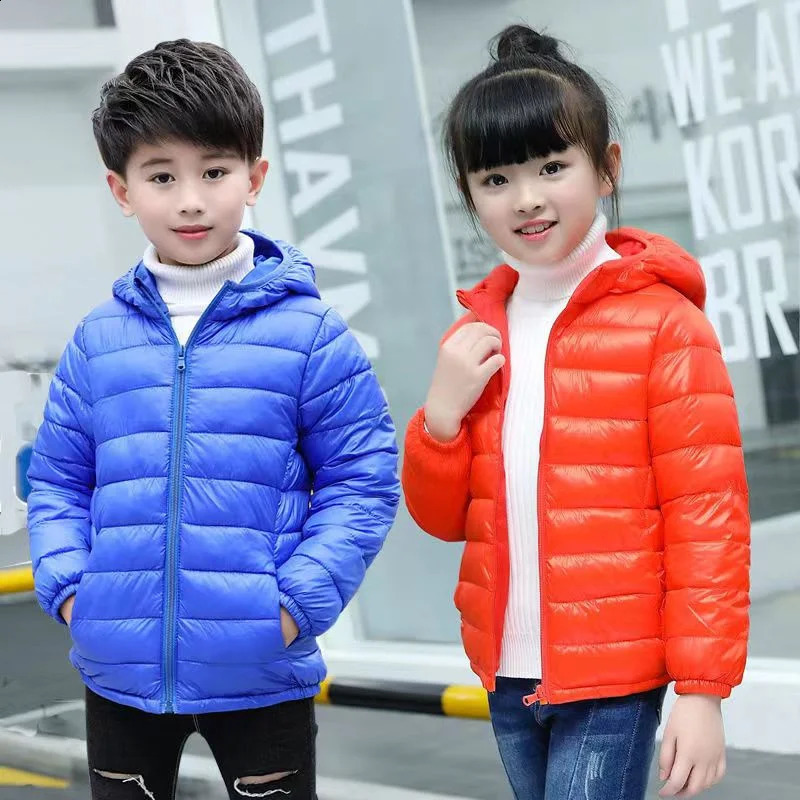 Autumn and winter childrens down jackets thin warm jackets for boys and girls childrens clothing with hooded zippered jackets for ages 4-12 240903
