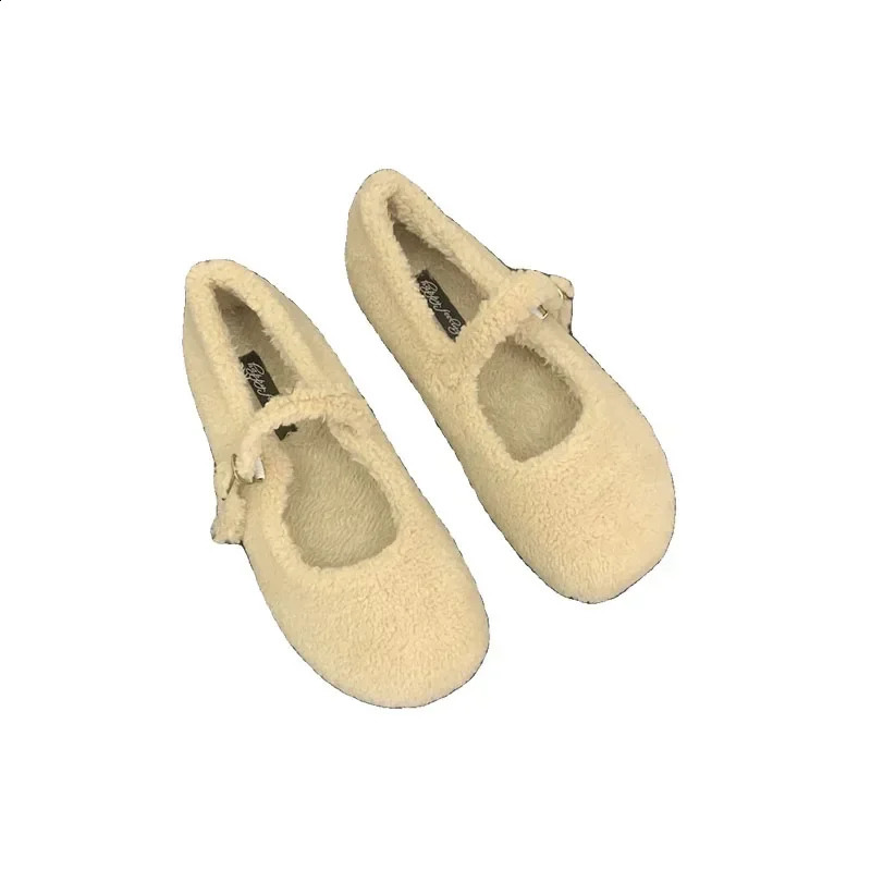 2024 Spring Lambhair Womens Apartment Shoes Fashion Round Toe Shallow Buckle Womens Apartment Comfortable Outdoor Steel Style Shoes 240914