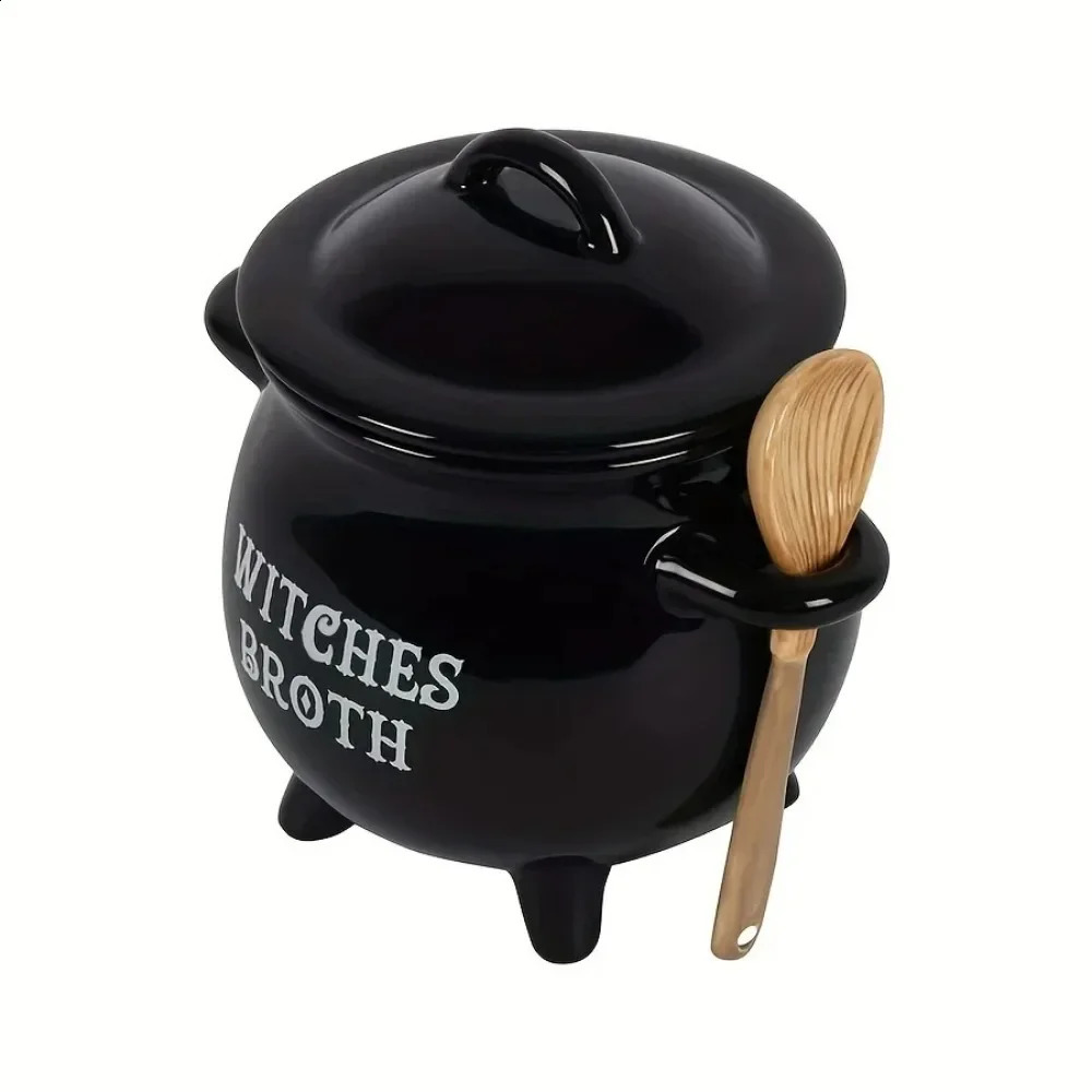 1set 22OZ Witches Brew Cauldron Mug with Lid and Spoon Black Ceramic Coffee Cups Stockpot Tabletop Decoration for Halloween Gift 240910