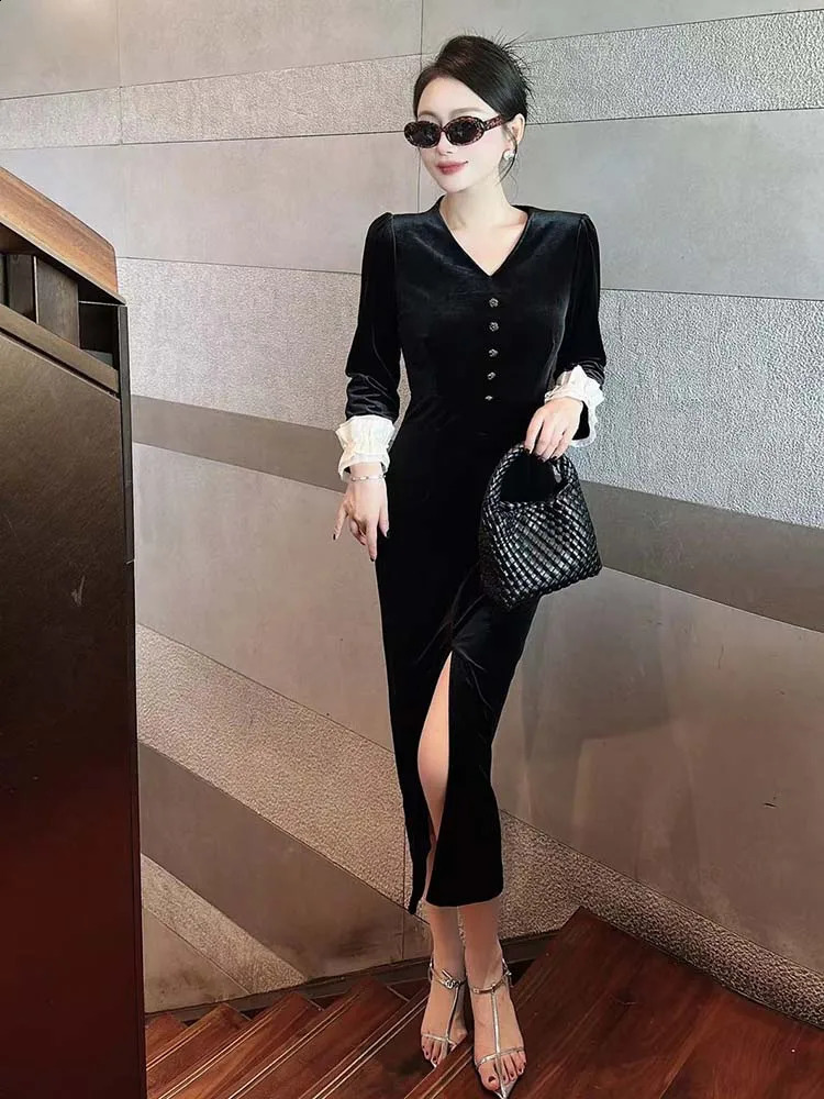 ZJYT Autumn Fashion Retro Midi Velvet Womens Wear ner Long Sleeve Vneck Party Formal Occasion Dress Vestidos 240913