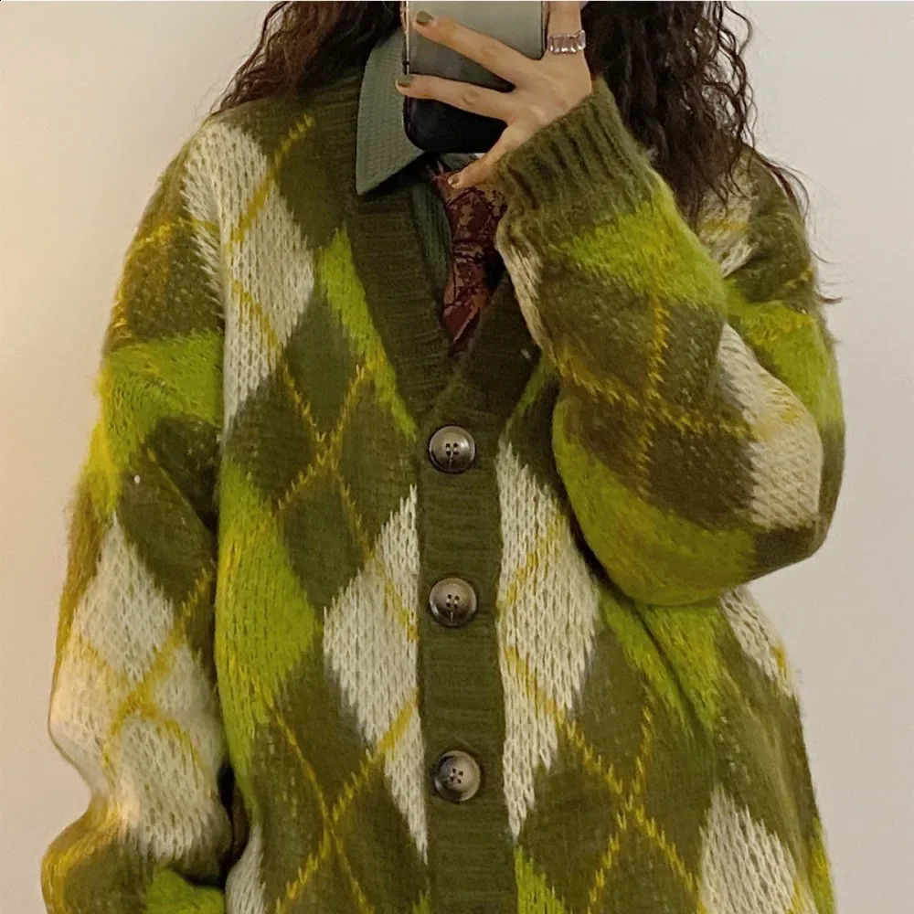 Retro American Style Loose Set Green Argyle Sweater cardigan Woolen Sweater Thick Casual Knitted Top 240914