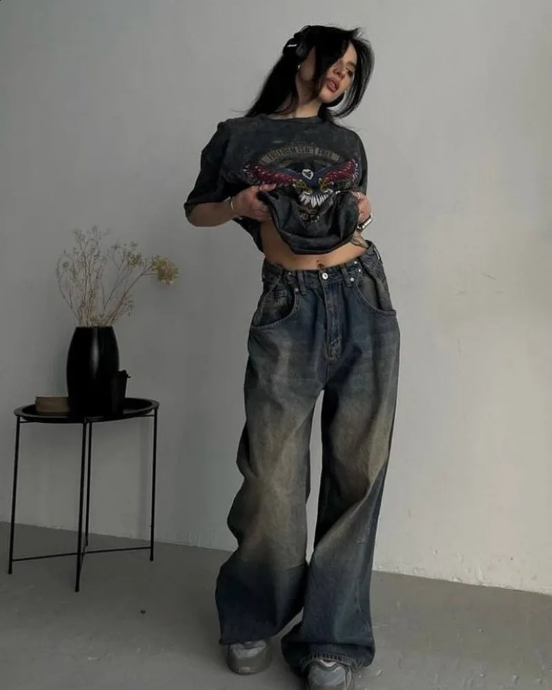 Y2K Streetwear Clothes Fashion Washed Old Baggy Jeans Women Vintage Harajuku Casual Joker Gothic High Waist Wide Leg Pants 240906