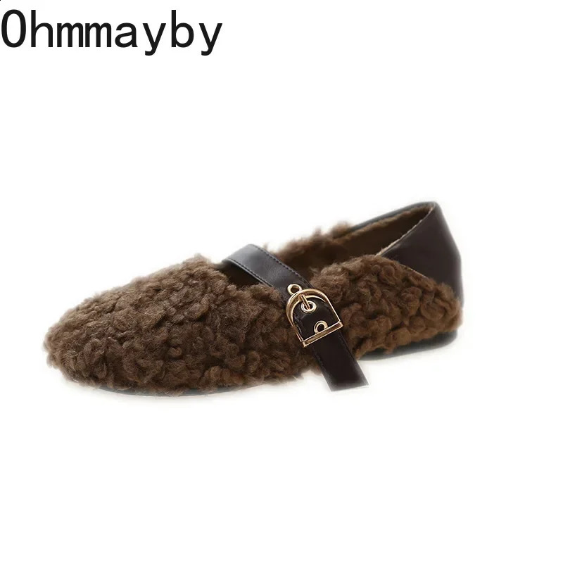 er Retro Womens Warm Fur Flat Shoes Fashion Shallow Belt Buckle Spring and Autumn Womens Comfortable Roller Coaster Shoes 240914