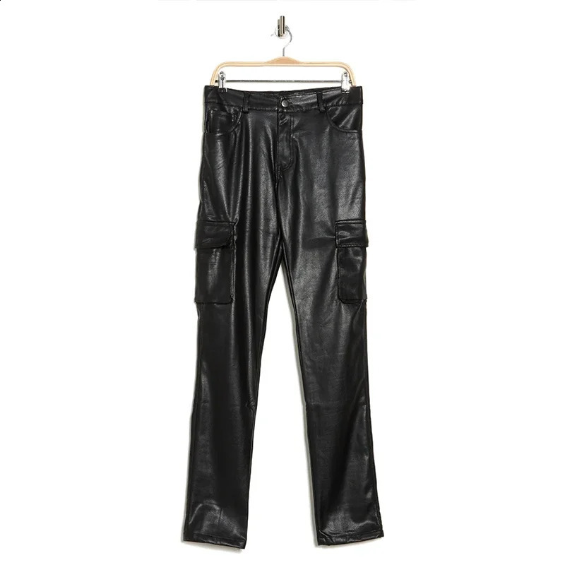 Mens black matte synthetic leather pants casual multi pocket cargo pants fashionable Y2K pants mens elastic Pu Trouser club uniform customized 240913
