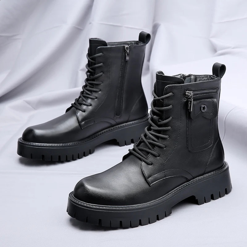 High Quality Men White Boots 2024 Fashion Zip n Mens Leather Boot Antislip Laceup Man Platform
