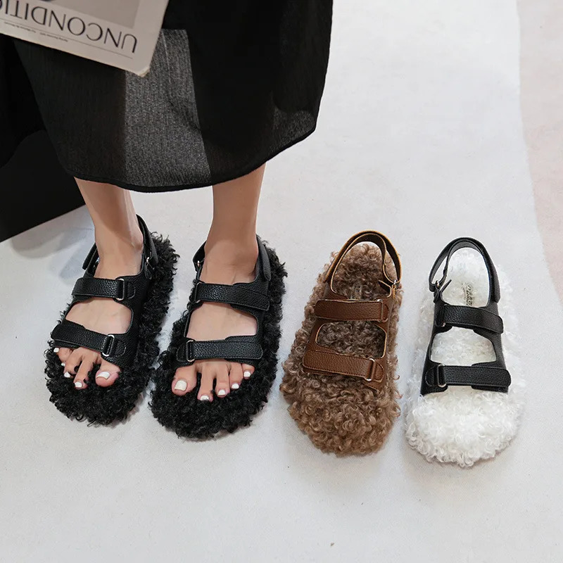 Double belt curly fur sandals womens flat foot pads winter shoes sheepskin sandals 240914