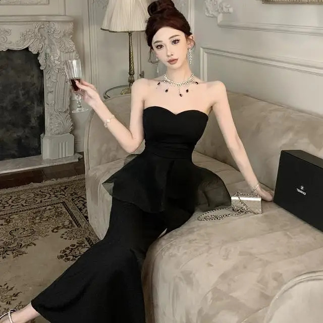 Strapless mesh splicing n with a slit style evening gown feel highend birthday party temperature dress 240913