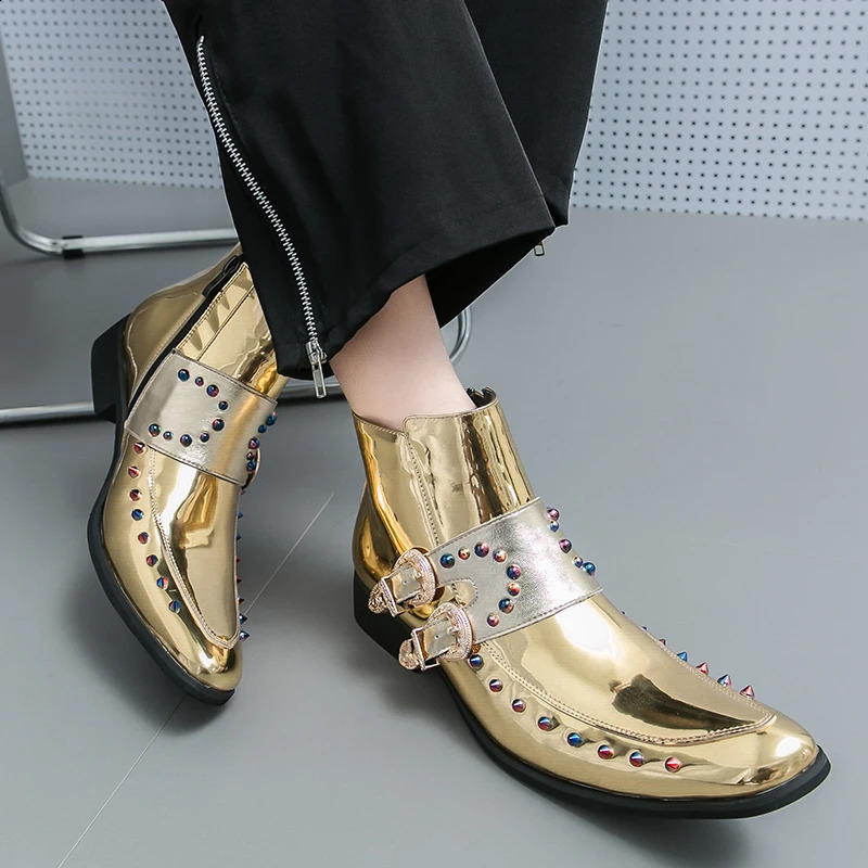 mens Pointed Gold Black rivets Chelsea Ankle Boots Monk Strap British er Botas trend casual high-end punk rock shoes 240914