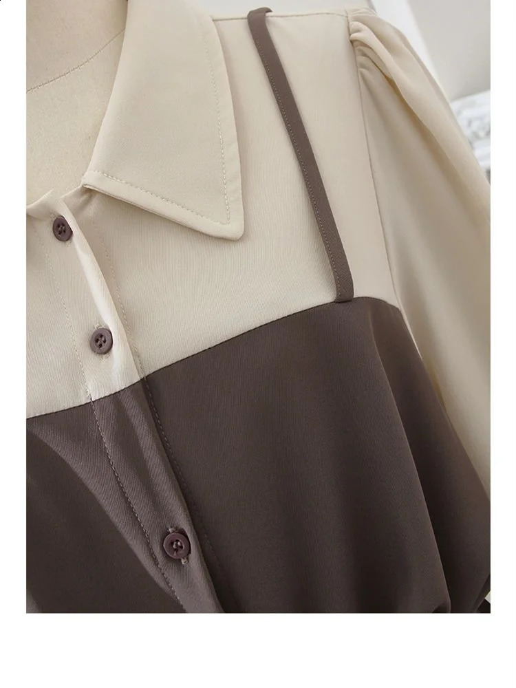 Autumn brown shirt dress elegant womens workwear long sleeved retro patch cute Harajuku 240913