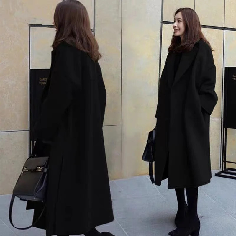 Winter Womens Woolen Coat Long Loose Korean Green Long Wool blends Coat Casual Solid Turndown Collar Coats for Women 240909