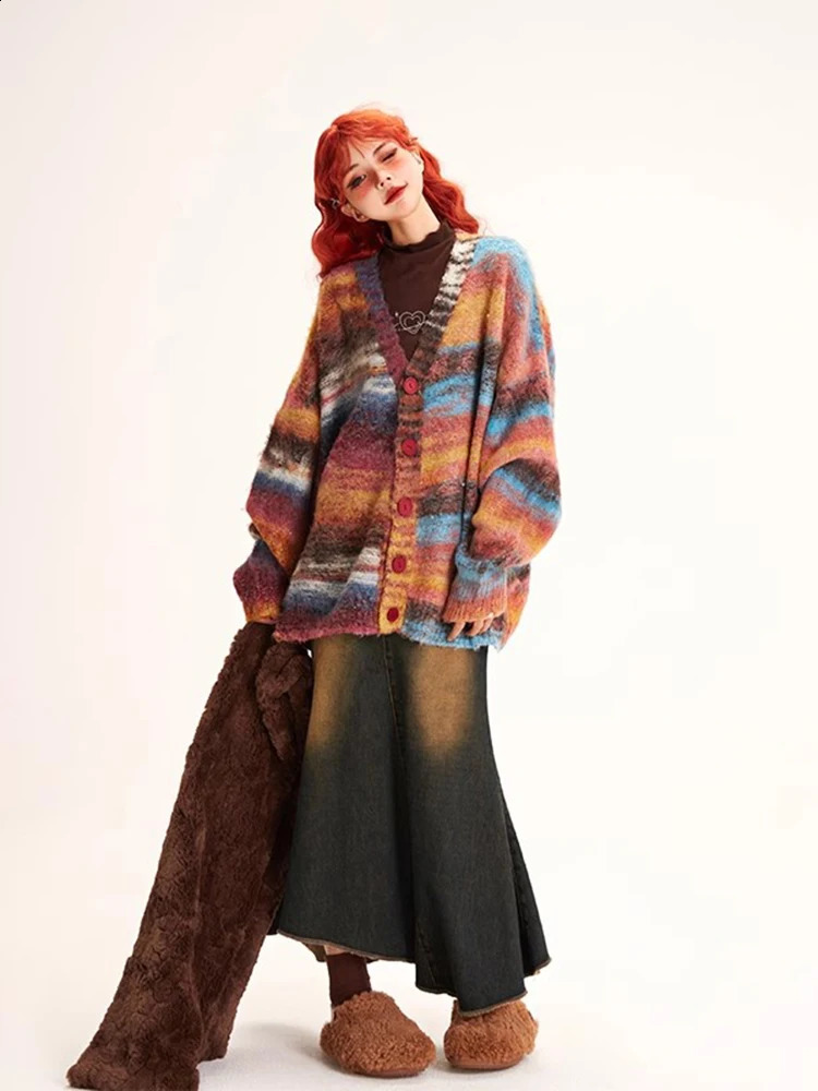 REDDACHiC Y2k Retro Color Block Striped Sweater Jacket Women Oversize V-neck Single-breasted Casual Knit Cardigan Winter Outwear 240906