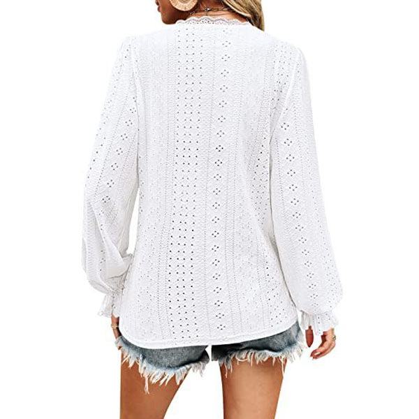 2024 new women's V-neck T-shirt autumn hollow out casual pleated sleeve top shirt